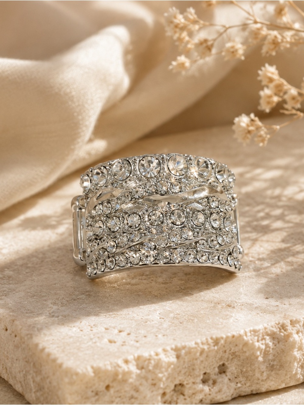 paparazzi Silver-Tone Crystal Wide Ring
